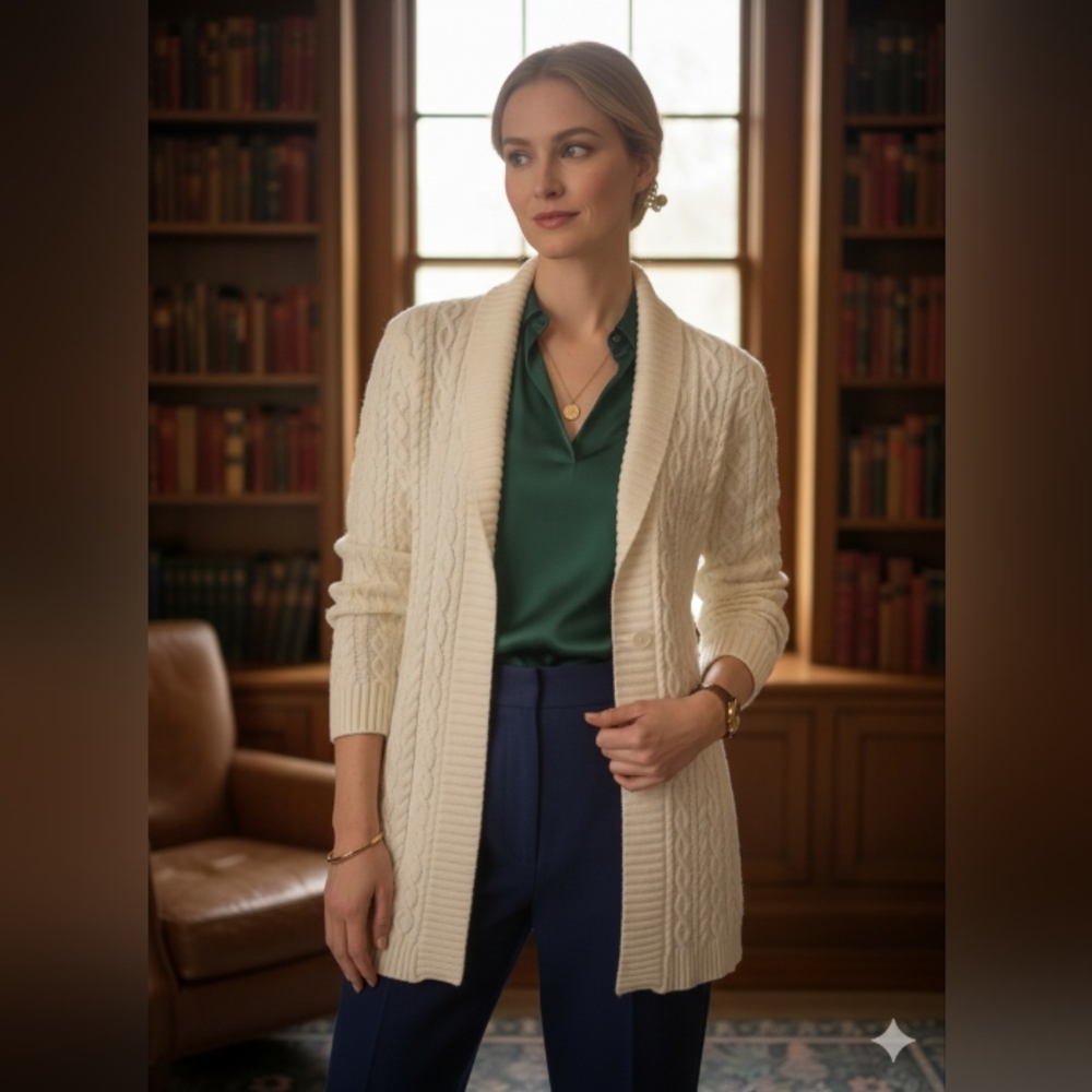 Liz Claiborne Womens Old Money Fisherman Cable Knit Shawl Cardigan XL Cream
